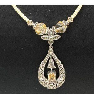 Vintage Sterling Silver Marcasite & Citrine Teardrop Pendant Necklace Gemsone 17